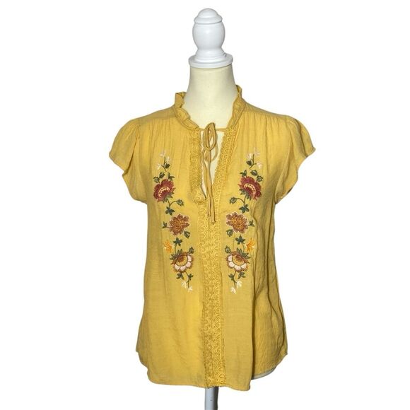 mine Tops - MINE Yellow Embroidered Floral Top Tie neck Boho Peasant Blouse women's Size M